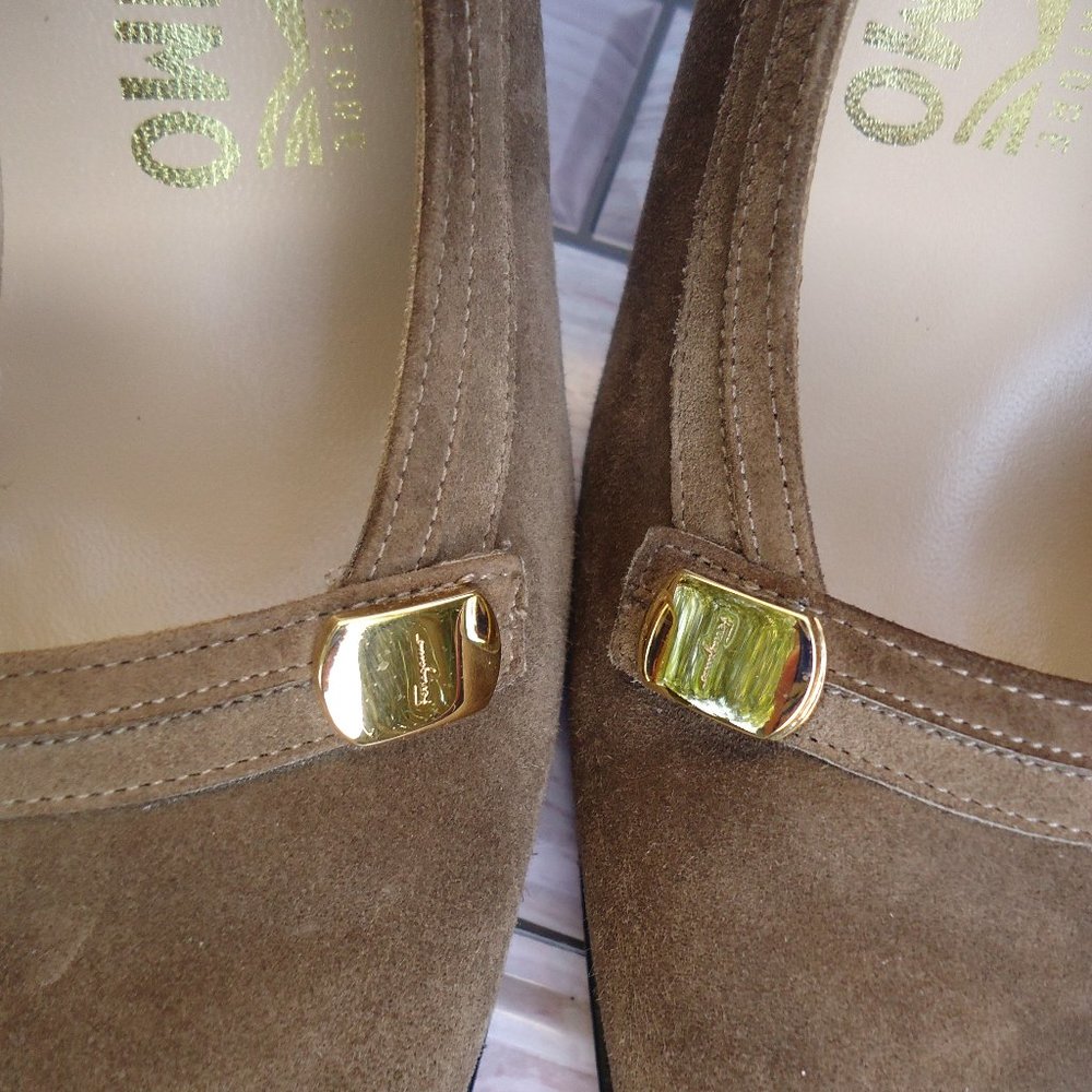 SIZE 6.5 B. Salvatore Ferragamo brown suede leather slip on heels. - Picture 10 of 16